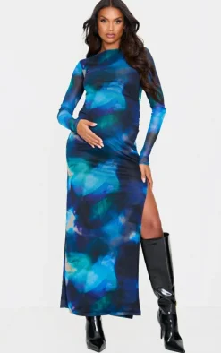Maternity Printed Mesh Long Sleeve Maxi Dress-PrettyLittleThing Outlet