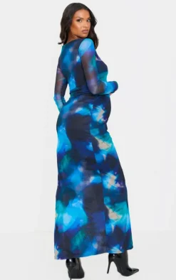 Maternity Printed Mesh Long Sleeve Maxi Dress-PrettyLittleThing Outlet