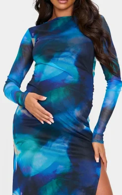 Maternity Printed Mesh Long Sleeve Maxi Dress-PrettyLittleThing Outlet