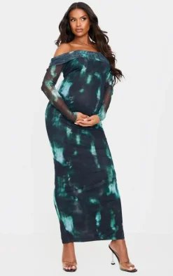 Maternity Printed Mesh Bardot Long Sleeve Maxi Dress-PrettyLittleThing
