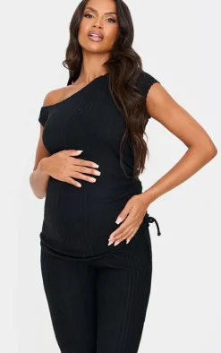 Best PrettyLittleThing Maternity Rib Asymmetric Neck Ruched Side Top Black