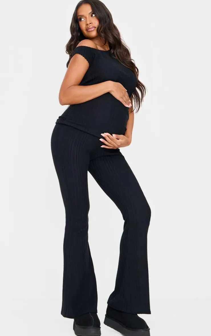 Best PrettyLittleThing Maternity Rib Asymmetric Neck Ruched Side Top Black
