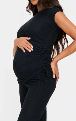 Best PrettyLittleThing Maternity Rib Asymmetric Neck Ruched Side Top Black