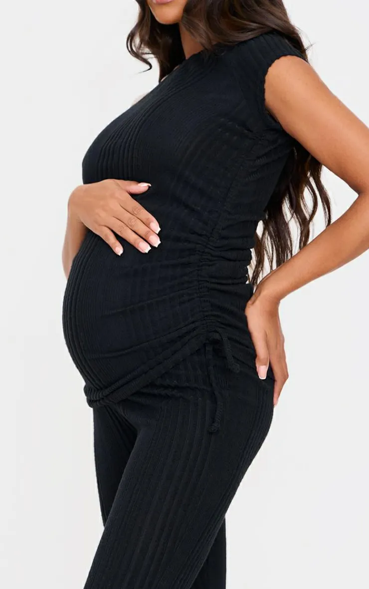 Best PrettyLittleThing Maternity Rib Asymmetric Neck Ruched Side Top Black