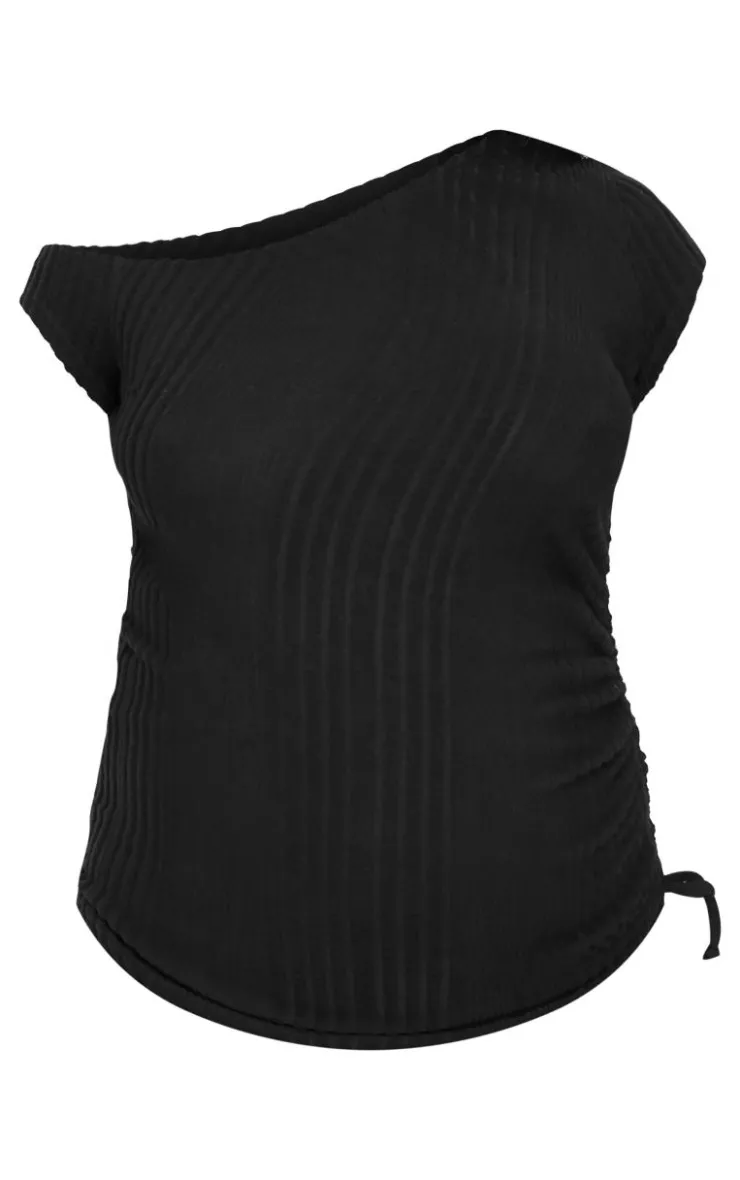 Best PrettyLittleThing Maternity Rib Asymmetric Neck Ruched Side Top Black