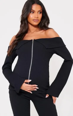 PrettyLittleThing Maternity Rib Fold Over Zip Up Top Black