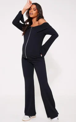 PrettyLittleThing Maternity Rib Fold Over Zip Up Top Black