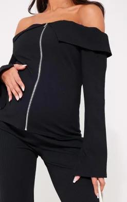 PrettyLittleThing Maternity Rib Fold Over Zip Up Top Black