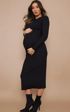 Maternity Ribbed Long Sleeve Midi Dress-PrettyLittleThing New