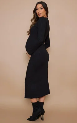 Maternity Ribbed Long Sleeve Midi Dress-PrettyLittleThing New