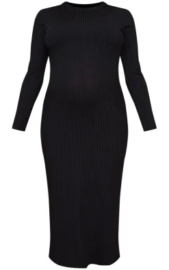 Maternity Ribbed Long Sleeve Midi Dress-PrettyLittleThing New