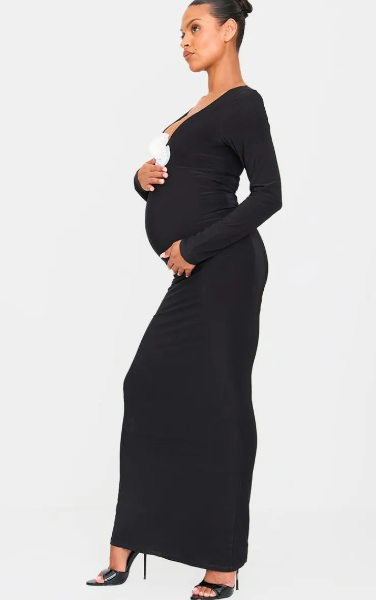 Maternity Rose Detail Long Sleeve Maxi Dress-PrettyLittleThing Hot