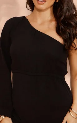 Maternity Black Shirred Cheesecloth One Shoulder Romper