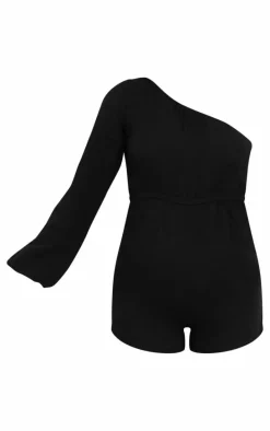 Maternity Black Shirred Cheesecloth One Shoulder Romper