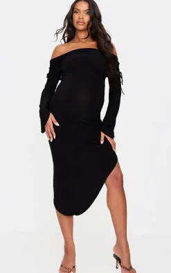 Maternity Slinky Bardot Ruched Asymmetric Hem Midi Dress-PrettyLittleThing Sale