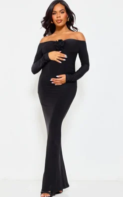 Maternity Slinky Corsage Detail Off The Shoulder Maxi Dress-PrettyLittleThing Hot