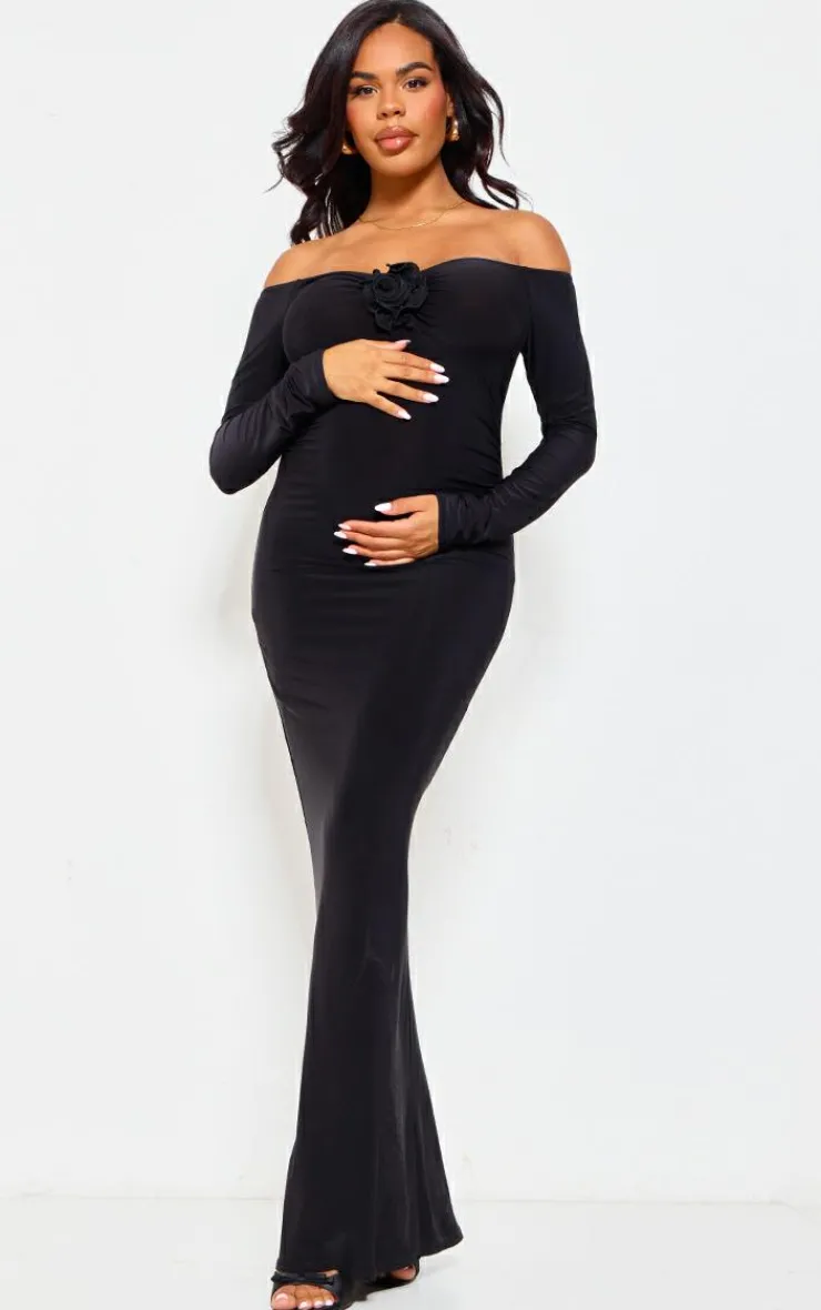 Maternity Slinky Corsage Detail Off The Shoulder Maxi Dress-PrettyLittleThing Hot