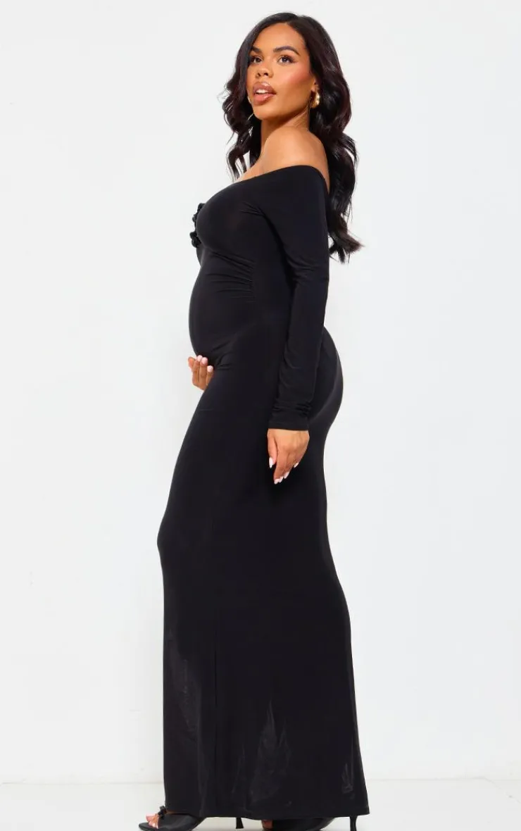 Maternity Slinky Corsage Detail Off The Shoulder Maxi Dress-PrettyLittleThing Hot