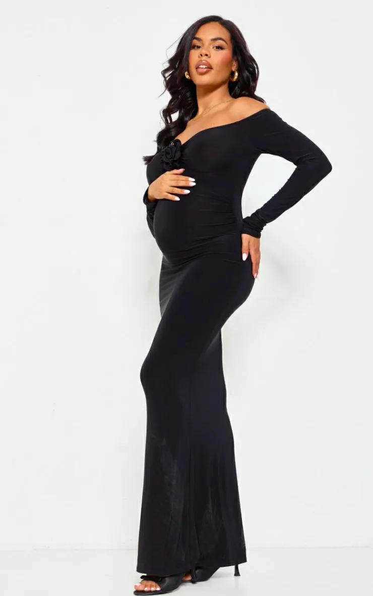 Maternity Slinky Corsage Detail Off The Shoulder Maxi Dress-PrettyLittleThing Hot