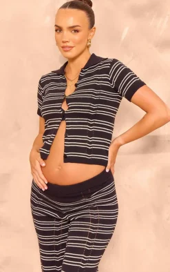 PrettyLittleThing Maternity Striped Knit Button Up Top Black
