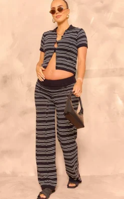 PrettyLittleThing Maternity Striped Knit Button Up Top Black