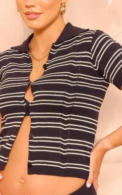 PrettyLittleThing Maternity Striped Knit Button Up Top Black