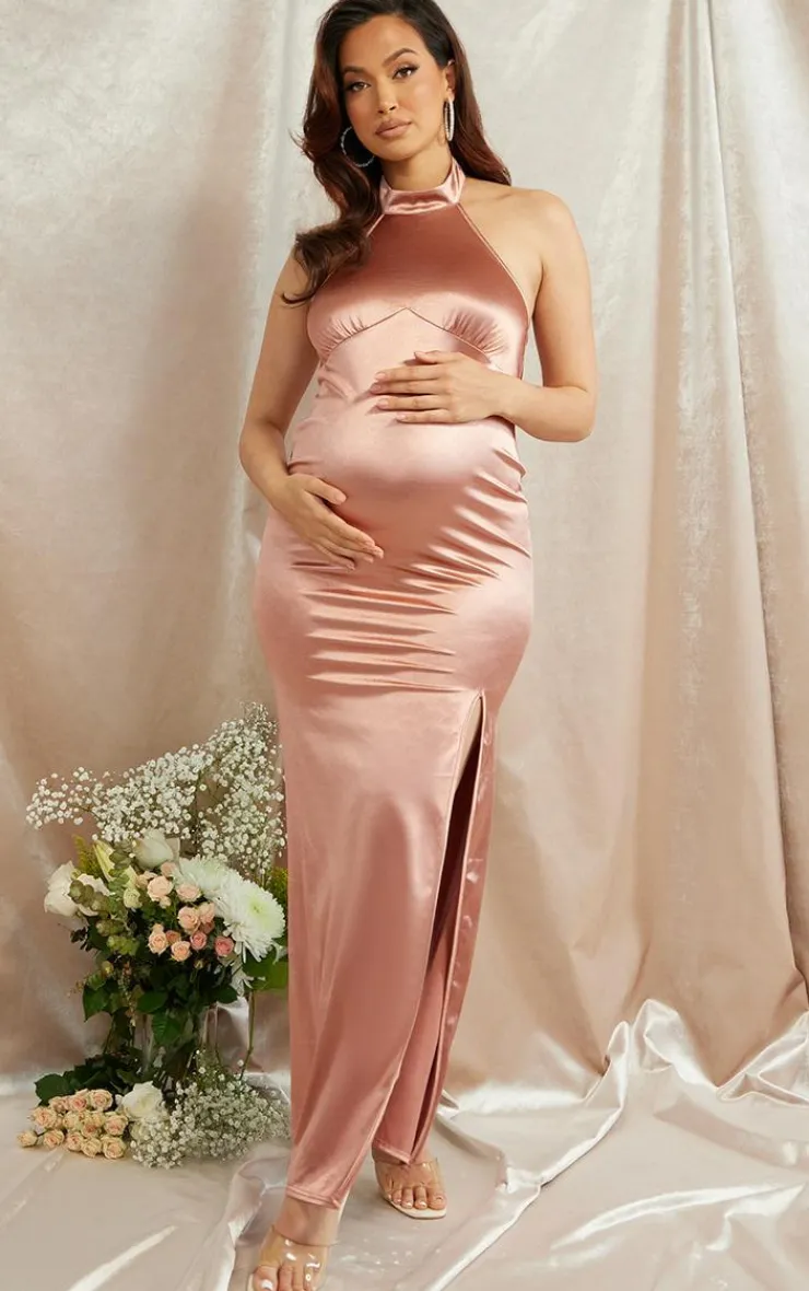 Maternity Blush Halterneck Disco Slinky Maxi Dress-PrettyLittleThing Online
