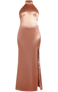 Maternity Blush Halterneck Disco Slinky Maxi Dress-PrettyLittleThing Online