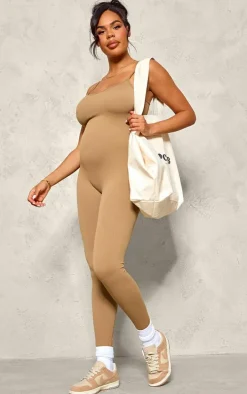 Maternity Brown Strappy Snatched Ribbed Jumpsuit