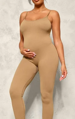 Maternity Brown Strappy Snatched Ribbed Jumpsuit