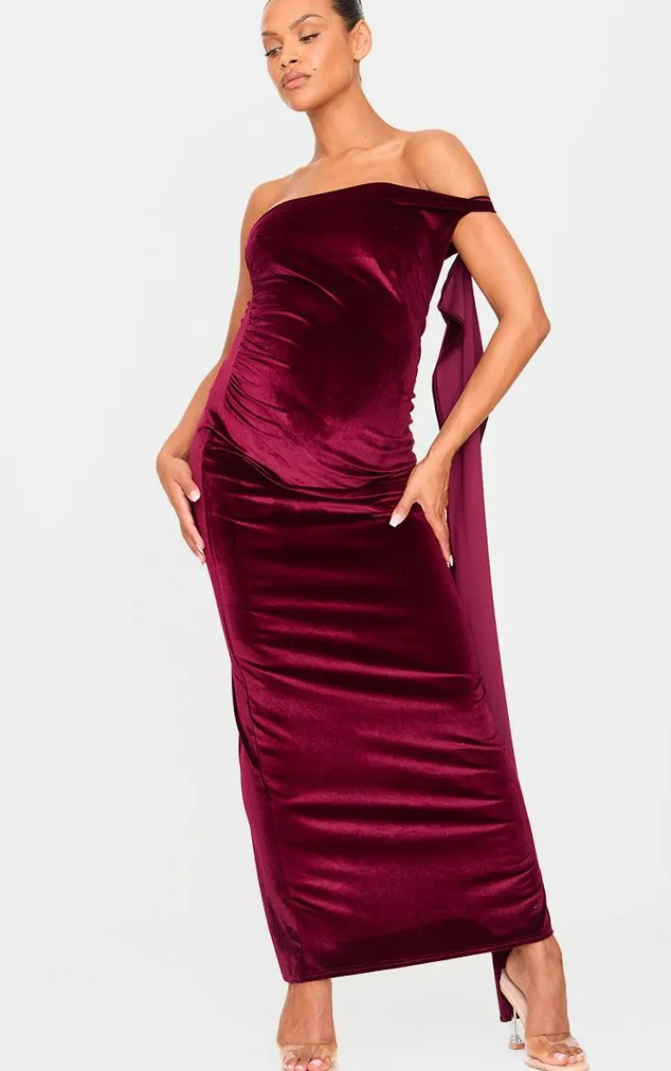 Maternity Velvet One Shoulder Drape Detail Maxi Dress-PrettyLittleThing
