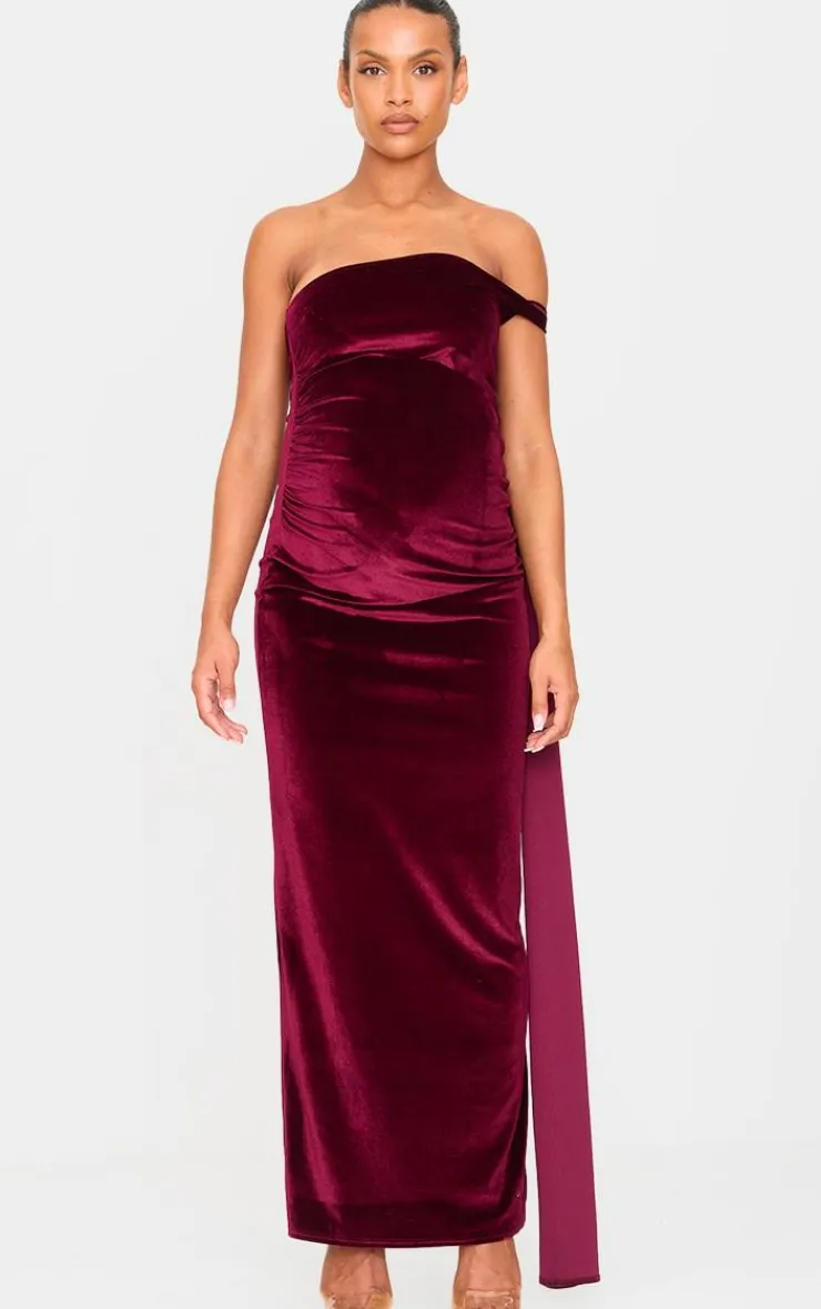 Maternity Velvet One Shoulder Drape Detail Maxi Dress-PrettyLittleThing