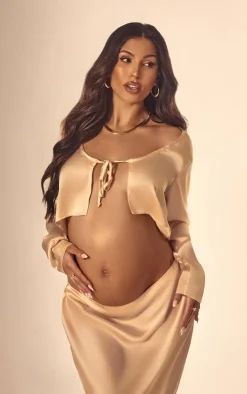 Clearance PrettyLittleThing Maternity Satin Open Tie Front Top Champagne
