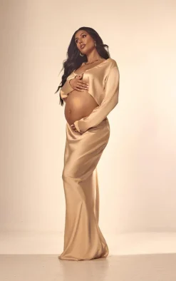 Clearance PrettyLittleThing Maternity Satin Open Tie Front Top Champagne