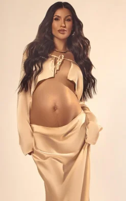 Clearance PrettyLittleThing Maternity Satin Open Tie Front Top Champagne