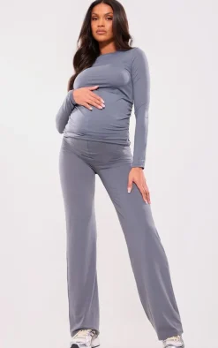PrettyLittleThing Maternity Cotton Jersey High Waisted Flares Charcoal