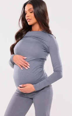 Discount PrettyLittleThing Maternity Cotton Jersey Ruched Bump Longline Top Charcoal