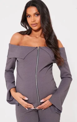 Best PrettyLittleThing Maternity Rib Fold Over Zip Up Top Charcoal