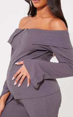 Best PrettyLittleThing Maternity Rib Fold Over Zip Up Top Charcoal
