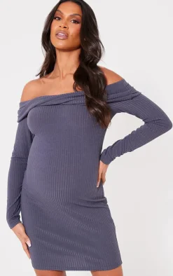 Maternity Rib Off The Shoulder Mini Dress-PrettyLittleThing