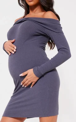 Maternity Rib Off The Shoulder Mini Dress-PrettyLittleThing