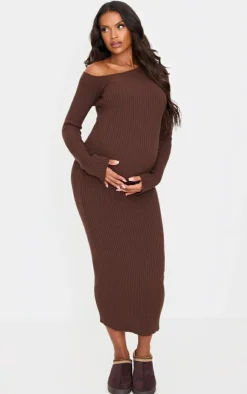 Maternity Chocolate Asymmetric Long Sleeve Rib Knit Maxi Dress-PrettyLittleThing Best