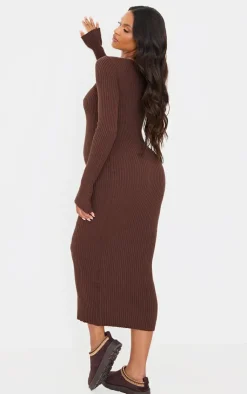 Maternity Chocolate Asymmetric Long Sleeve Rib Knit Maxi Dress-PrettyLittleThing Best