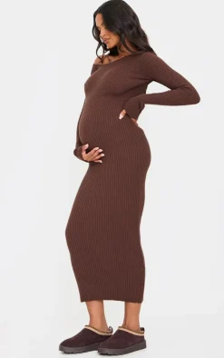 Maternity Chocolate Asymmetric Long Sleeve Rib Knit Maxi Dress-PrettyLittleThing Best