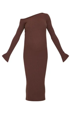 Maternity Chocolate Asymmetric Long Sleeve Rib Knit Maxi Dress-PrettyLittleThing Best