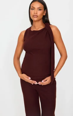 New PrettyLittleThing Maternity Chocolate Brushed Rib Tie Shoulder Top Chocolate.