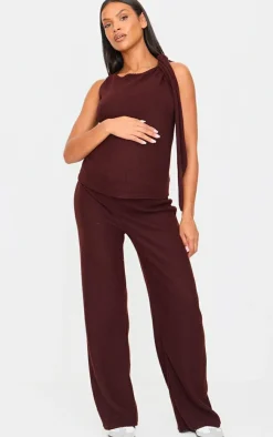 New PrettyLittleThing Maternity Chocolate Brushed Rib Tie Shoulder Top Chocolate.