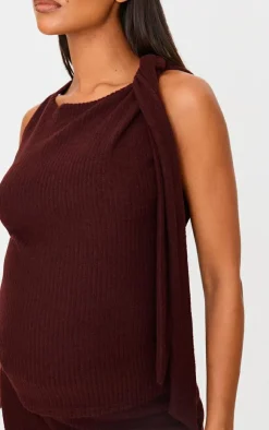 New PrettyLittleThing Maternity Chocolate Brushed Rib Tie Shoulder Top Chocolate.