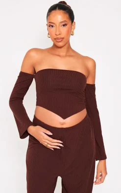 Clearance PrettyLittleThing Maternity Off The Shoulder Point Hem Top Chocolate