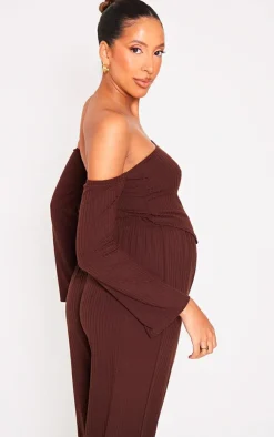 Clearance PrettyLittleThing Maternity Off The Shoulder Point Hem Top Chocolate